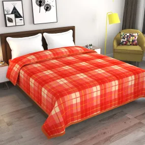 Goyal's Check Double Bed Fleece AC Blanket 90x90 Inch - Orange