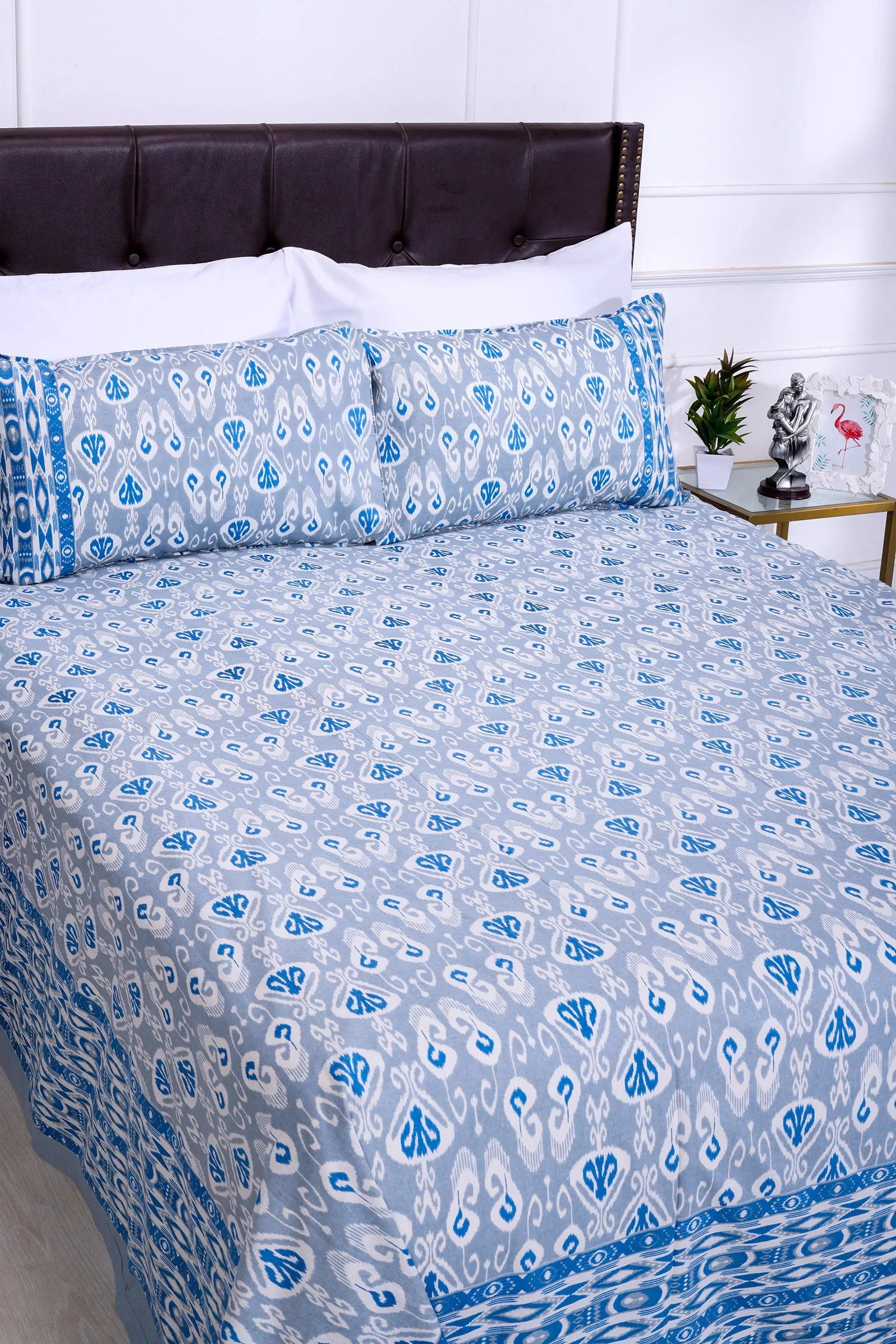 Ikkat Dionne Blue Cotton Bedsheet