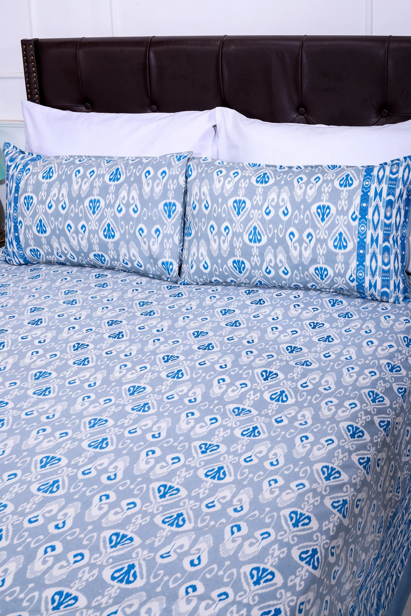 Ikkat Dionne Blue Cotton Bedsheet