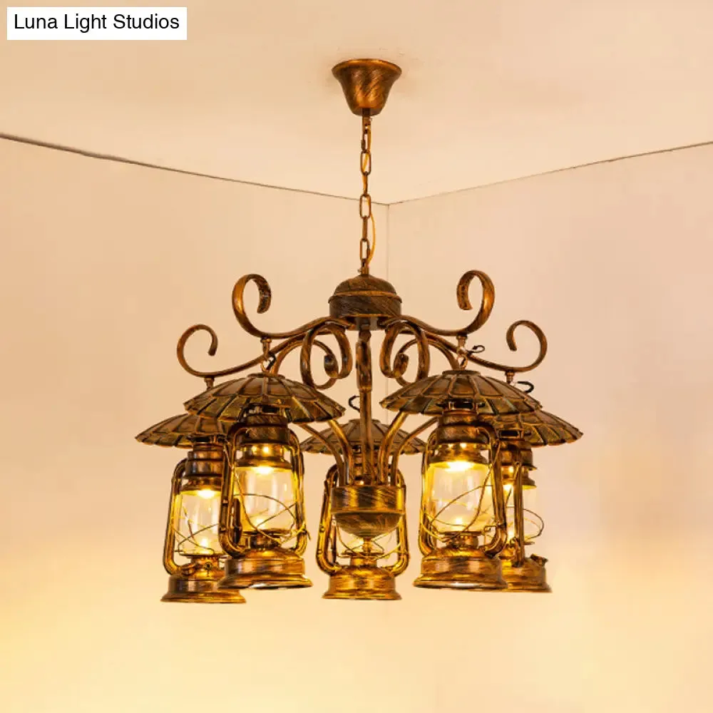 Industrial Brass 5-Light Ceiling Chandelier Pendant - Metallic Kerosene Hanging Fixture