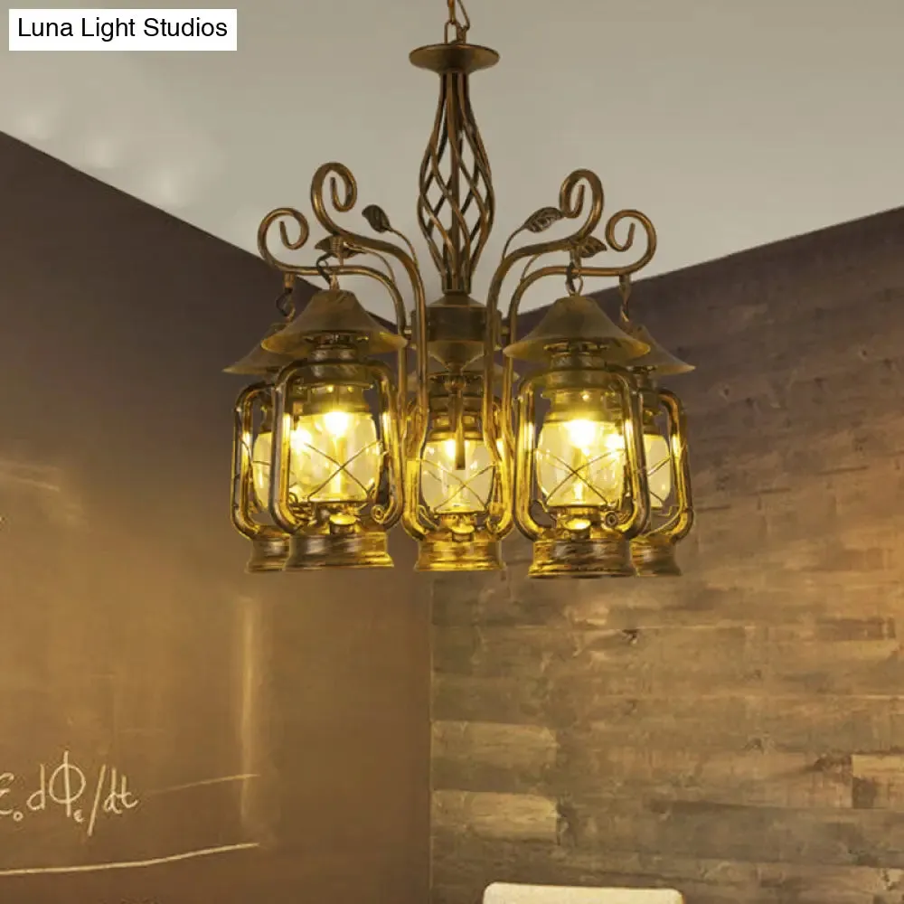 Industrial Brass 5-Light Ceiling Chandelier Pendant - Metallic Kerosene Hanging Fixture