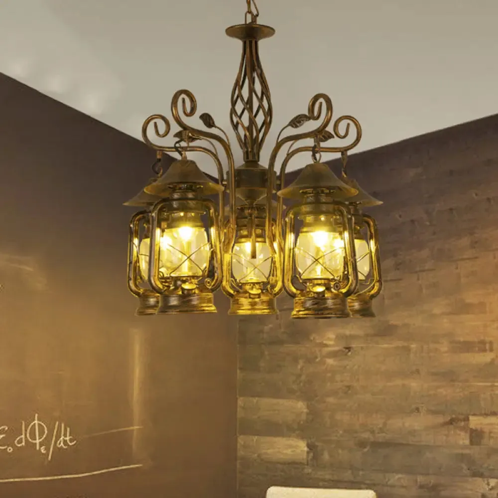 Industrial Brass 5-Light Ceiling Chandelier Pendant - Metallic Kerosene Hanging Fixture