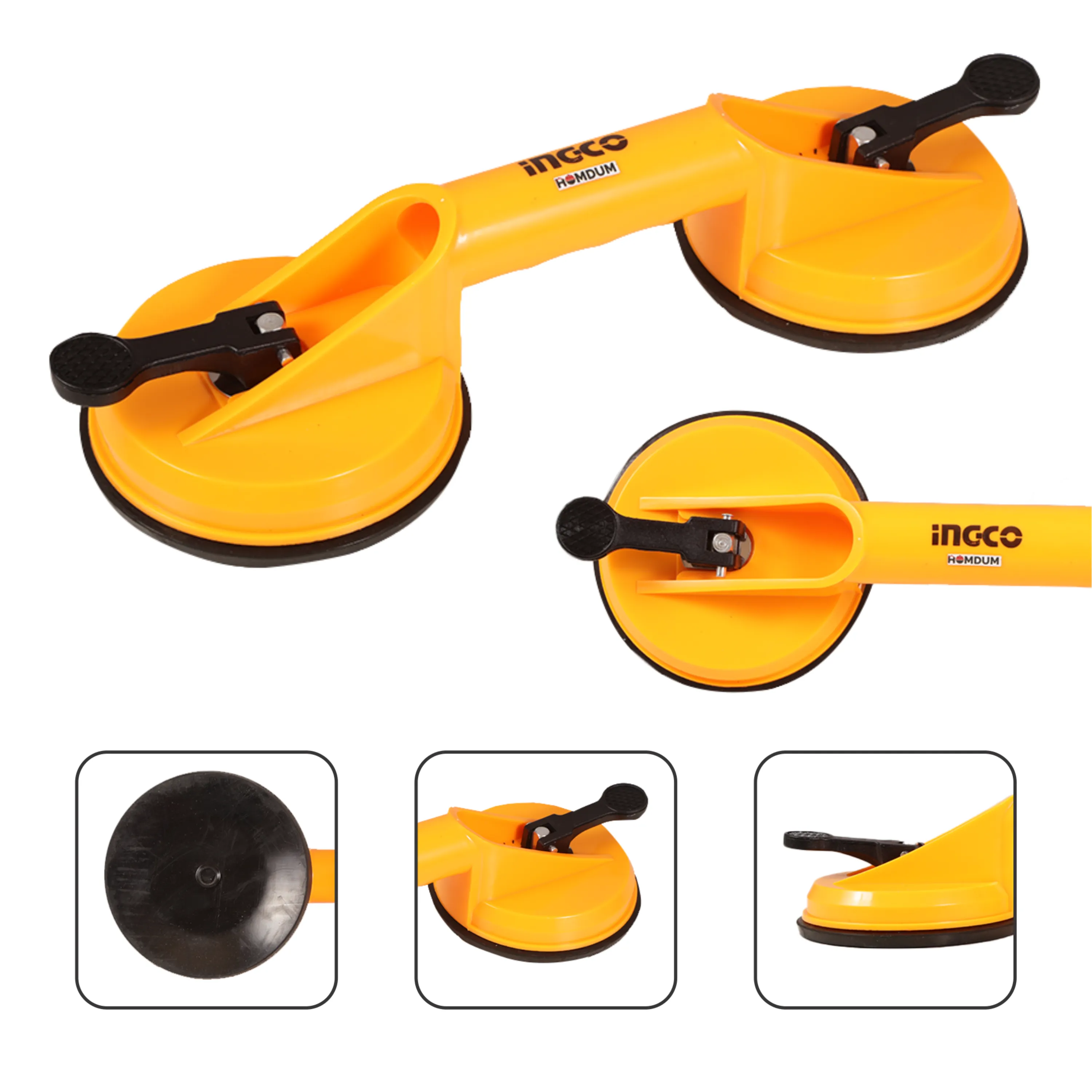 Ingco 4.8” Lifting Suction Cup Plate Double/Two Handle Locking (2 claw) Sucker Flat Gripper for Lifting Mirror/Tiles/Granite slab, Fiber glass, Heavy Duty Glass Lifter/car Dent Puller.