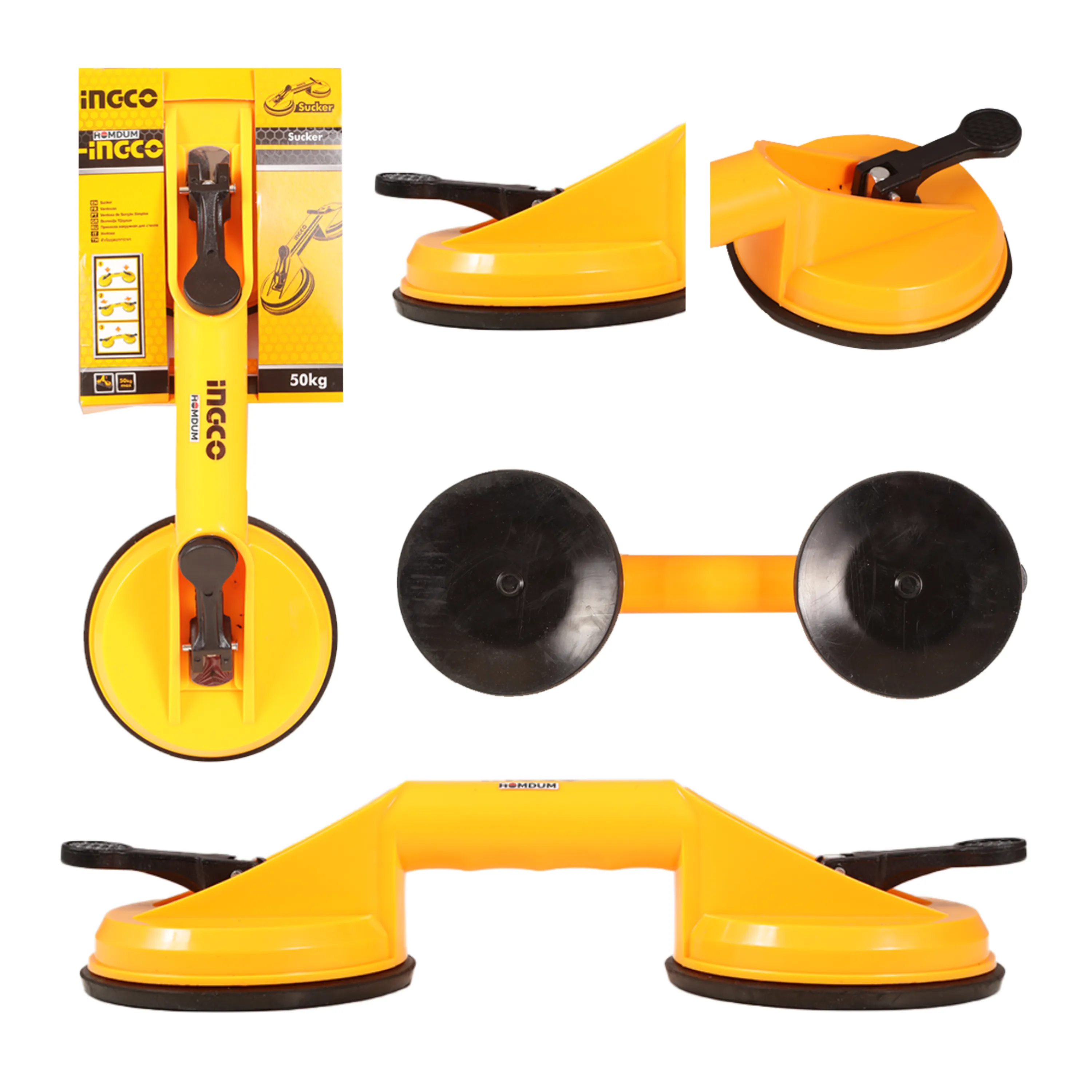 Ingco 4.8” Lifting Suction Cup Plate Double/Two Handle Locking (2 claw) Sucker Flat Gripper for Lifting Mirror/Tiles/Granite slab, Fiber glass, Heavy Duty Glass Lifter/car Dent Puller.