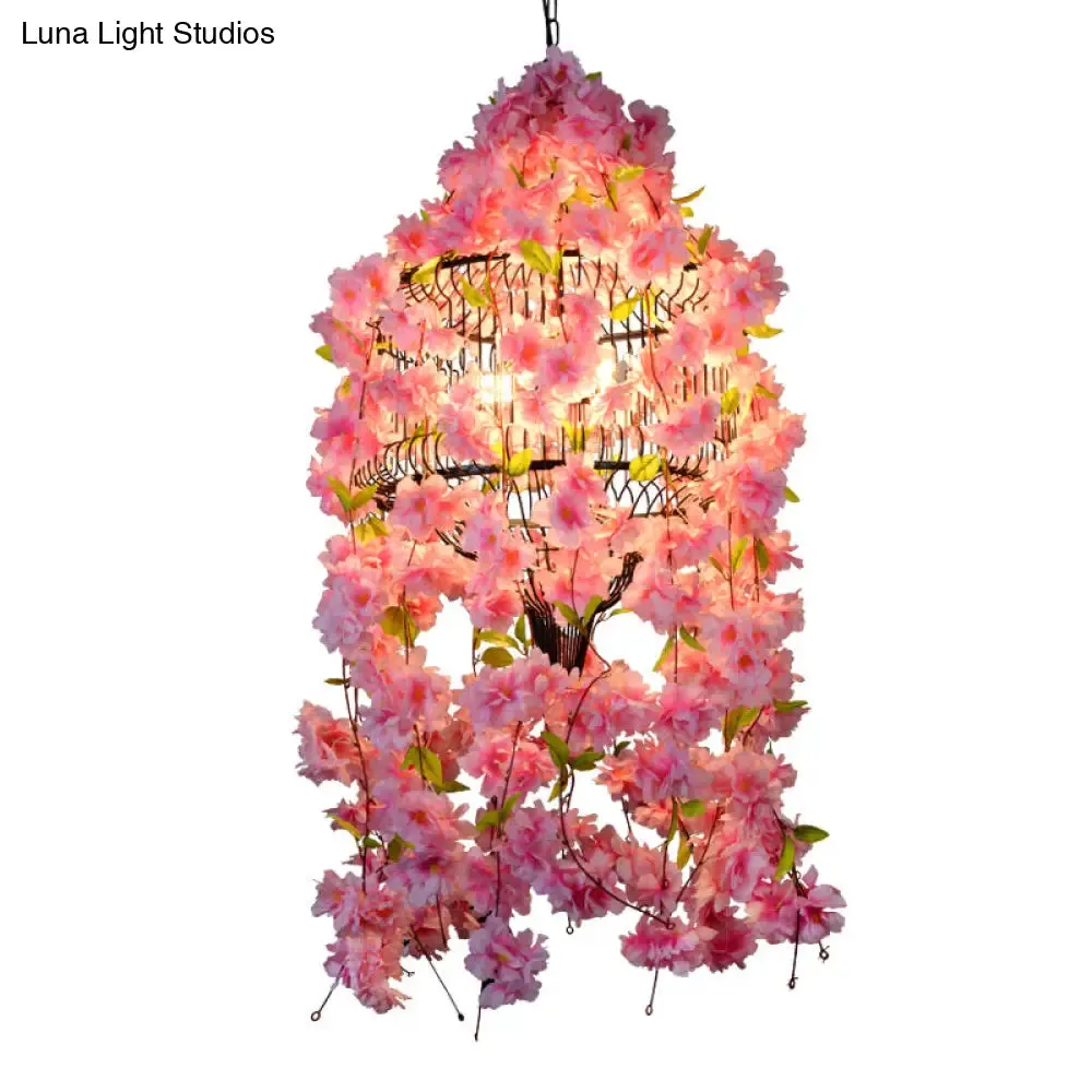 Iron Industrial Chandelier with 3 Lights and Flower Suspension in Pink - Perfect for Restaurants