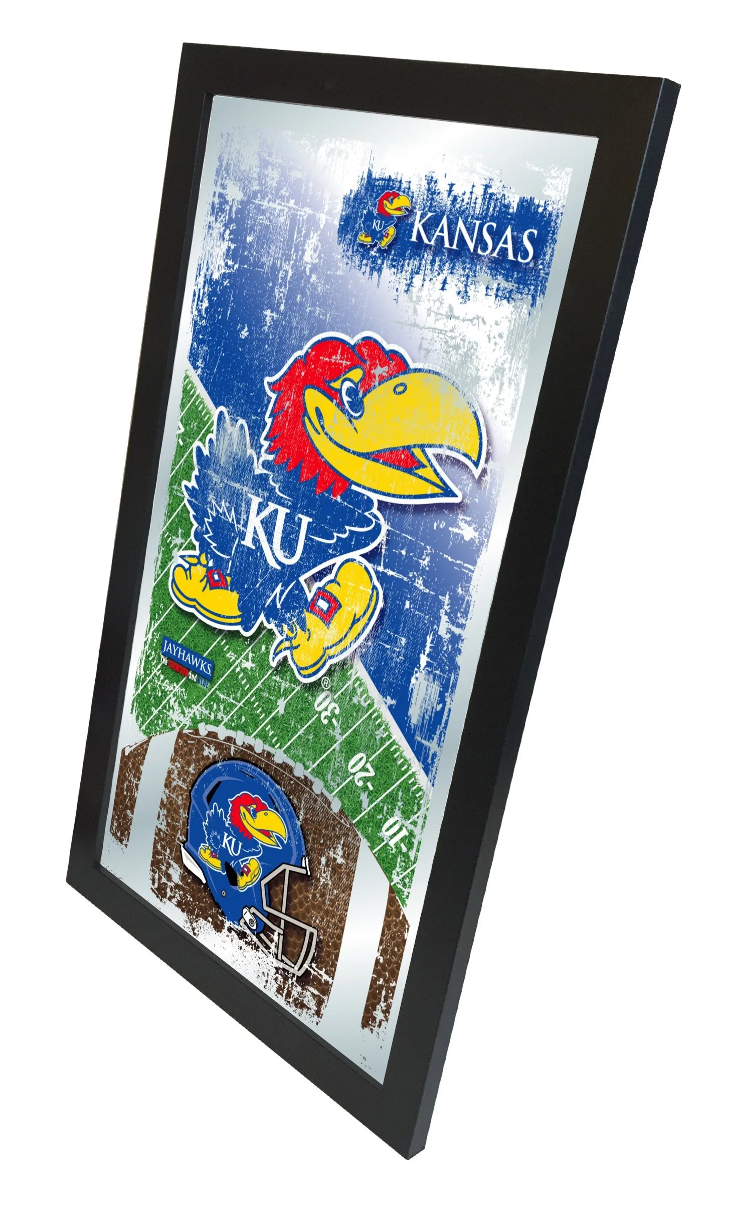 Kansas Jayhawks HBS Blue Football Framed Hanging Glass Wall Mirror (26"x15")