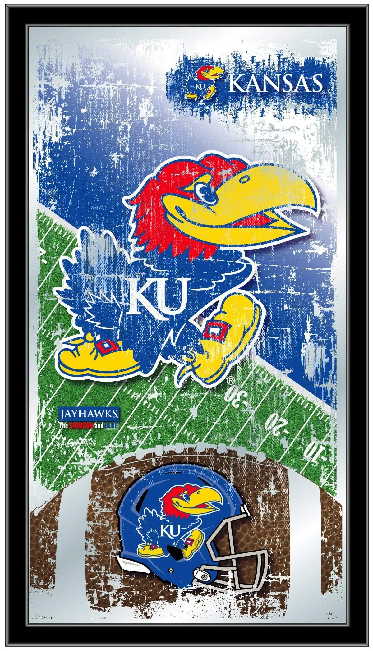 Kansas Jayhawks HBS Blue Football Framed Hanging Glass Wall Mirror (26"x15")