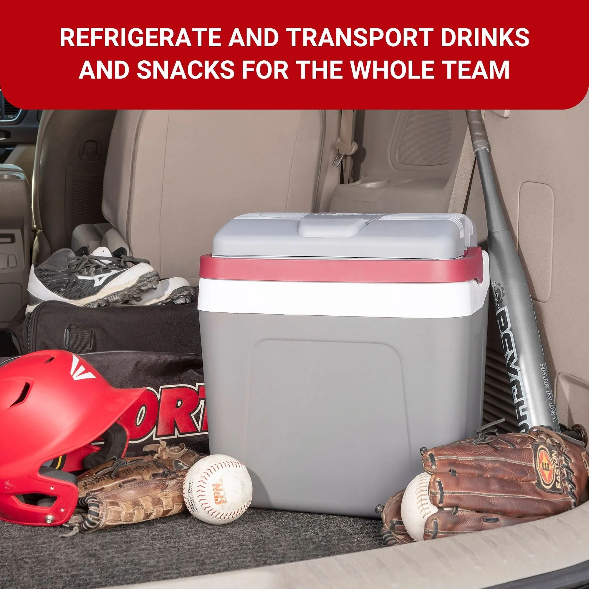 Koolatron 12V Electric Cooler, 24L (26qt) Thermoelectric Car Fridge, Self-Locking Handle, 12 Volt DC Connection, Plug In Iceless Portable Refrigerator, For Work Travel Vehicle Truck, Gray/Red