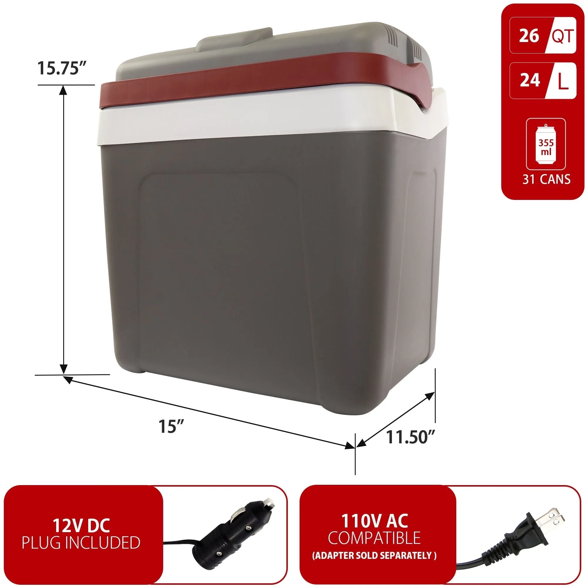 Koolatron 12V Electric Cooler, 24L (26qt) Thermoelectric Car Fridge, Self-Locking Handle, 12 Volt DC Connection, Plug In Iceless Portable Refrigerator, For Work Travel Vehicle Truck, Gray/Red