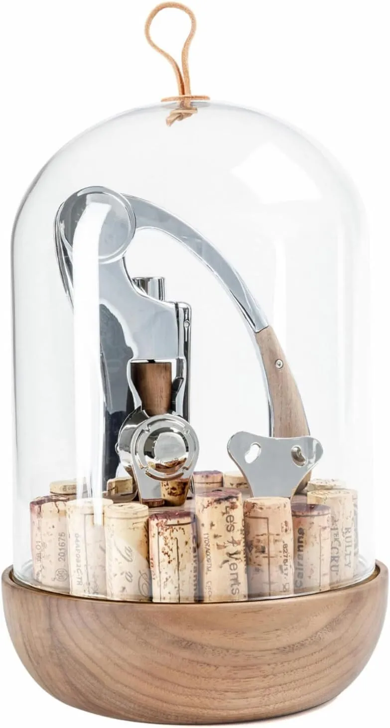 L'atelier Du Vin Oeno Motion Groom Corkscrew & Cork Dome Glass Cloche Display - Tabletop Centerpiece Walnut Wood Base Wine Tasting, Luxury Sommelier Gift Set Wedding, Wine Bottle Opener Made in France