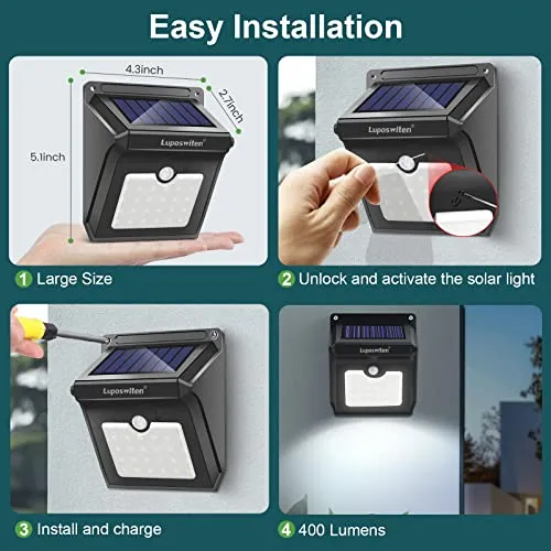 Luposwiten Solar Outdoor Lights Waterproof - Super Bright Motion Sensor Outdoor Lights Easy to Install Solar Lights for Outside, Front Door, Yard, Garage, Garden, Patio, Deck (4 Pack)