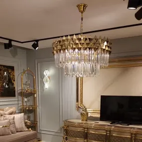 Luxury 1/2-Tier Round/Rectangular Gold Finish Crystal Chandelier for Living Room/Bedroom