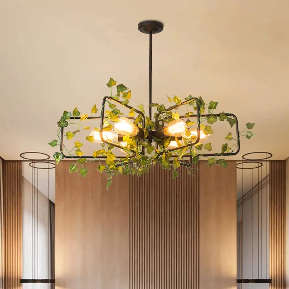 Metallic 6-Light Chandelier with Green Plant Deco for Farm Style Dining Room