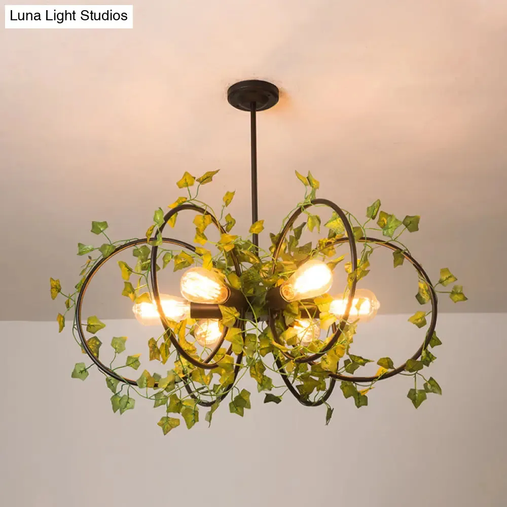 Metallic 6-Light Chandelier with Green Plant Deco for Farm Style Dining Room