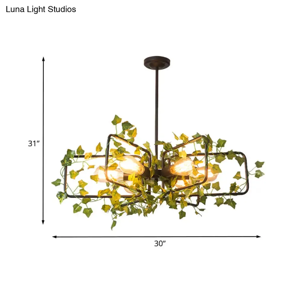 Metallic 6-Light Chandelier with Green Plant Deco for Farm Style Dining Room