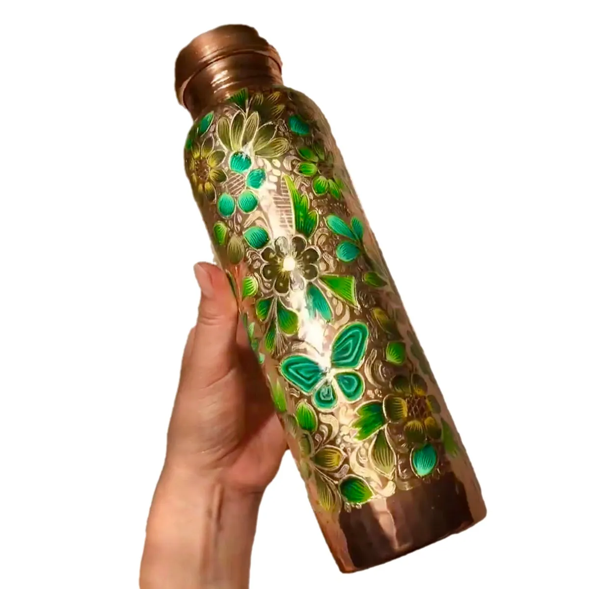 Mexican Copper 1 L / 33 oz. Water Bottle- Hand Painted Green Butterflies