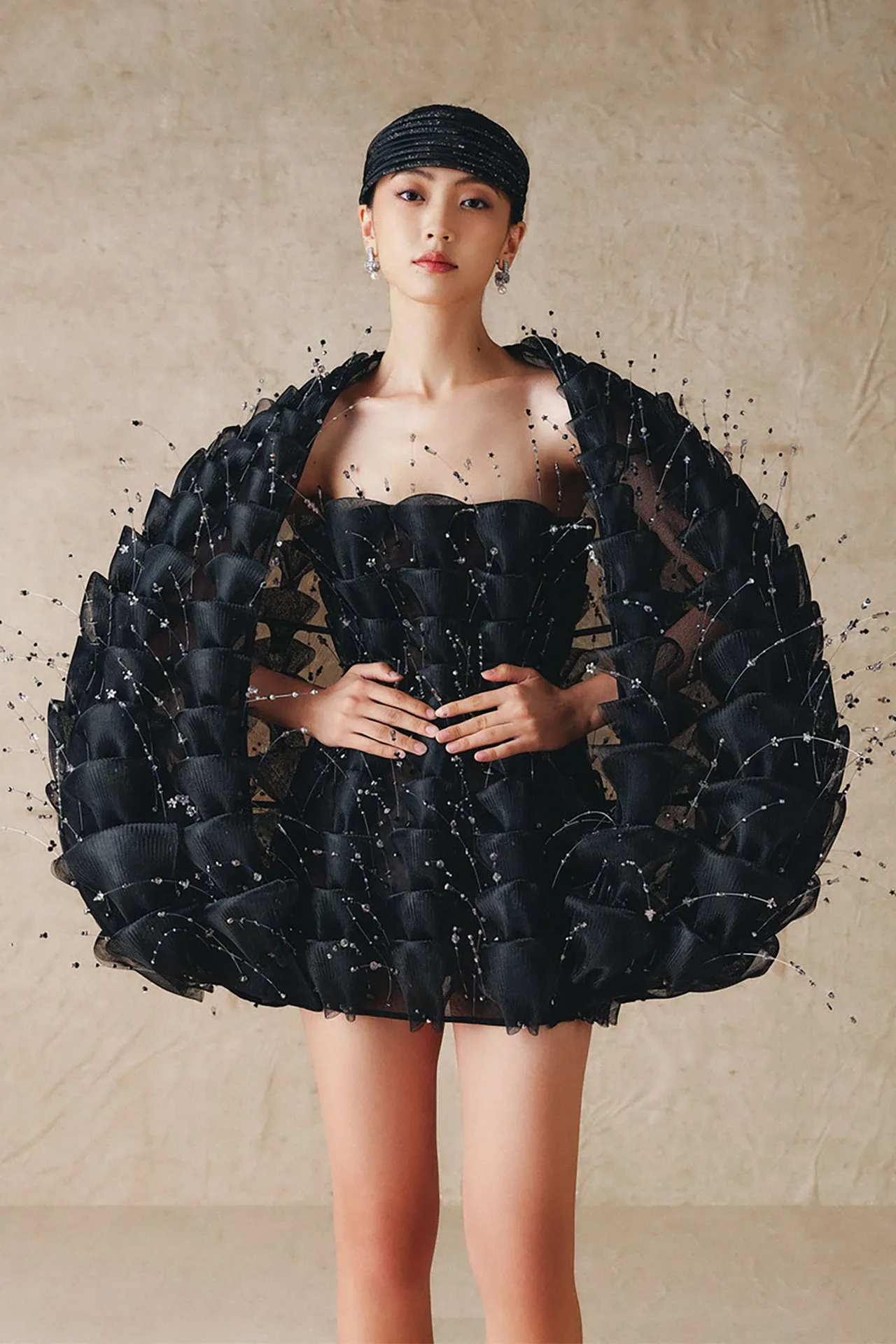 Mini Strapless Dress with Sculptural Fan-Inspired Design