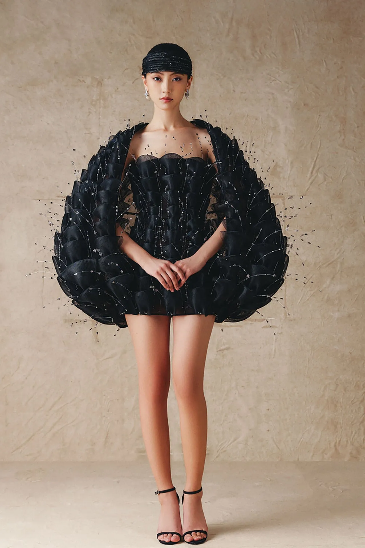 Mini Strapless Dress with Sculptural Fan-Inspired Design