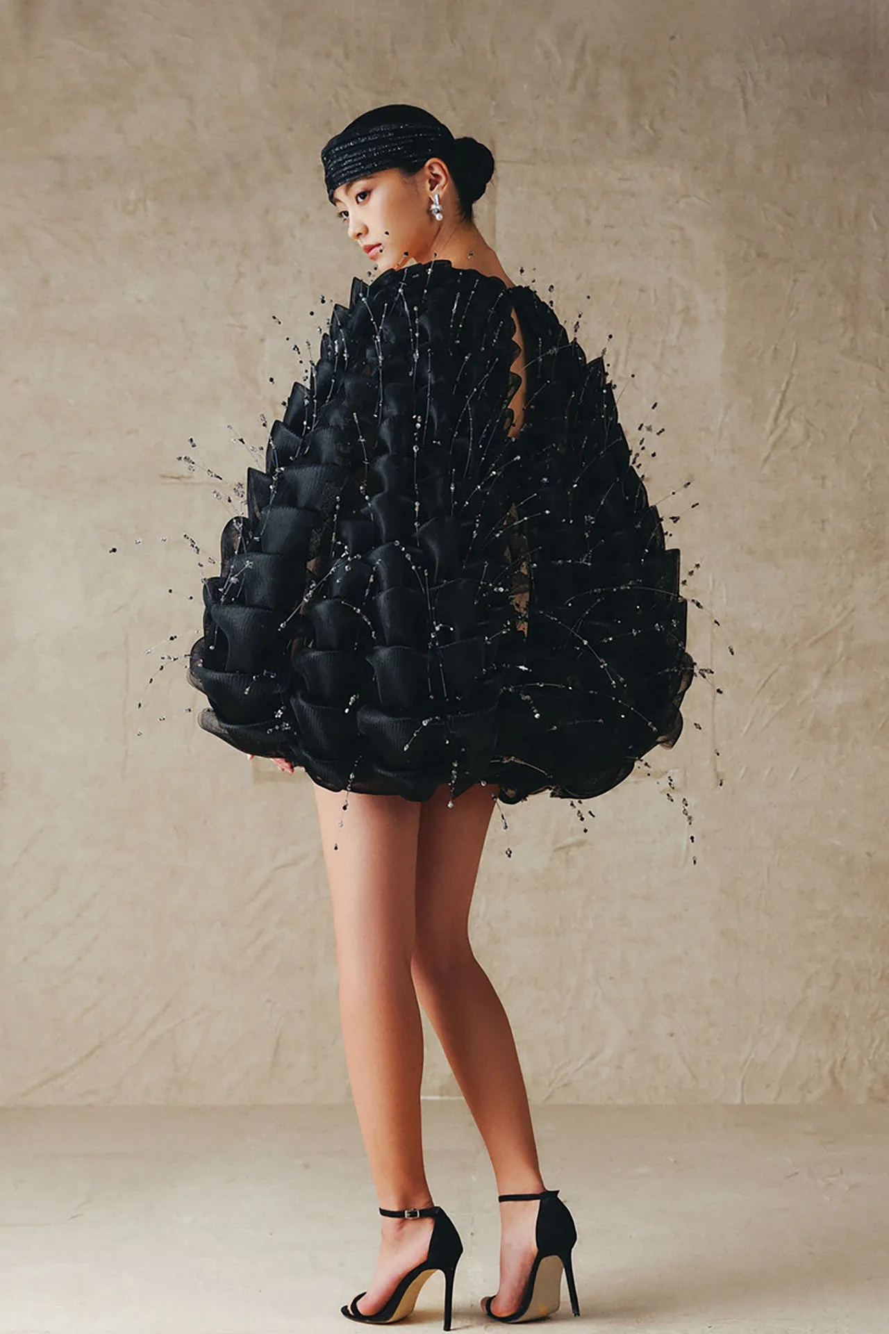 Mini Strapless Dress with Sculptural Fan-Inspired Design