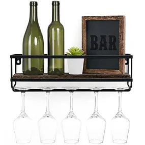 Mkono Wall Mounted Wine Rack - Bottle & Glass Holder Wood Rustic Floating Racks with Stemware Hanger Modern Plants Photos Wine Bottles Display Wall Storage Shelf for Kitchen Dining Room Home Bar