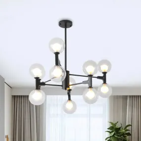 Modern Amber/Cream Glass & Metal Chandelier - 12-Head Pendant Lighting in Elegant Black/White, Ideal for Restaurant & Cafe