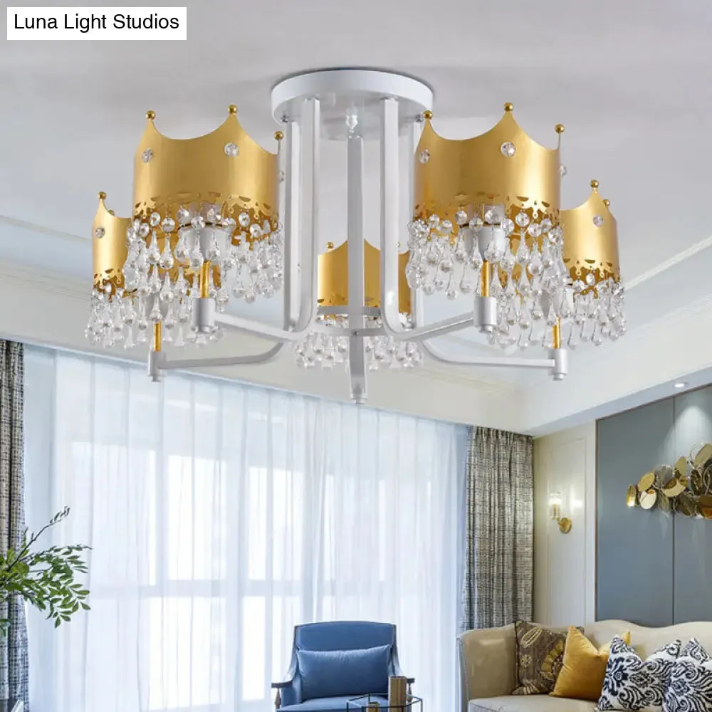 Modern Crown Shape Chandelier Light - Waterdrop Crystal - 5 Lights - Gold Ceiling Fixture