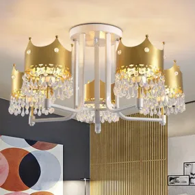 Modern Crown Shape Chandelier Light - Waterdrop Crystal - 5 Lights - Gold Ceiling Fixture