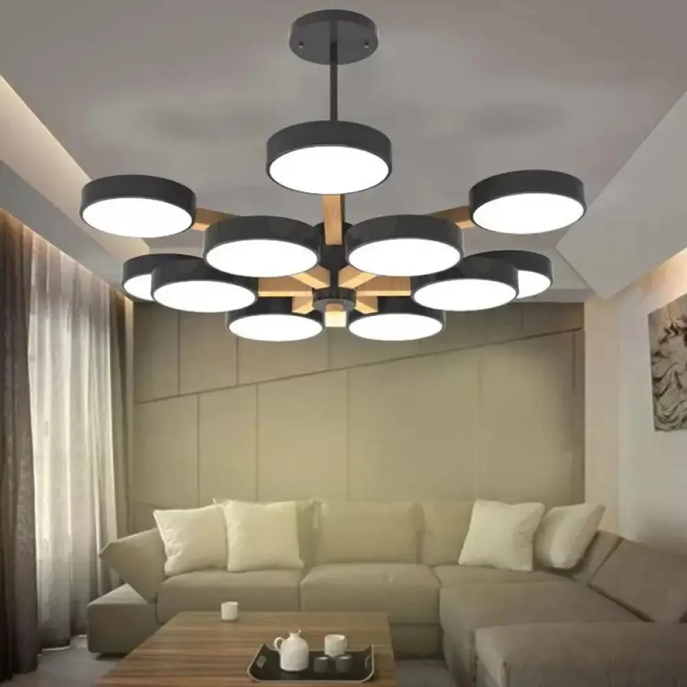 Modern Nordic Hanging Light: Acrylic & Wood Round Chandelier for Living Room