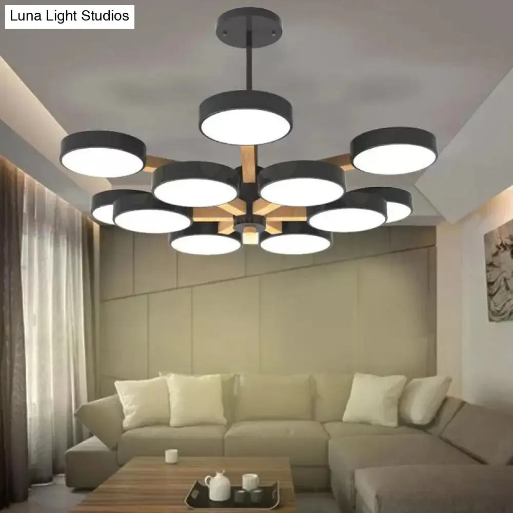 Modern Nordic Hanging Light: Acrylic & Wood Round Chandelier for Living Room