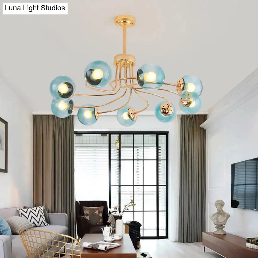 Modern Round Blue/Amber Glass Ceiling Chandelier - 9-Light Gold/Black Hanging Lamp Kit