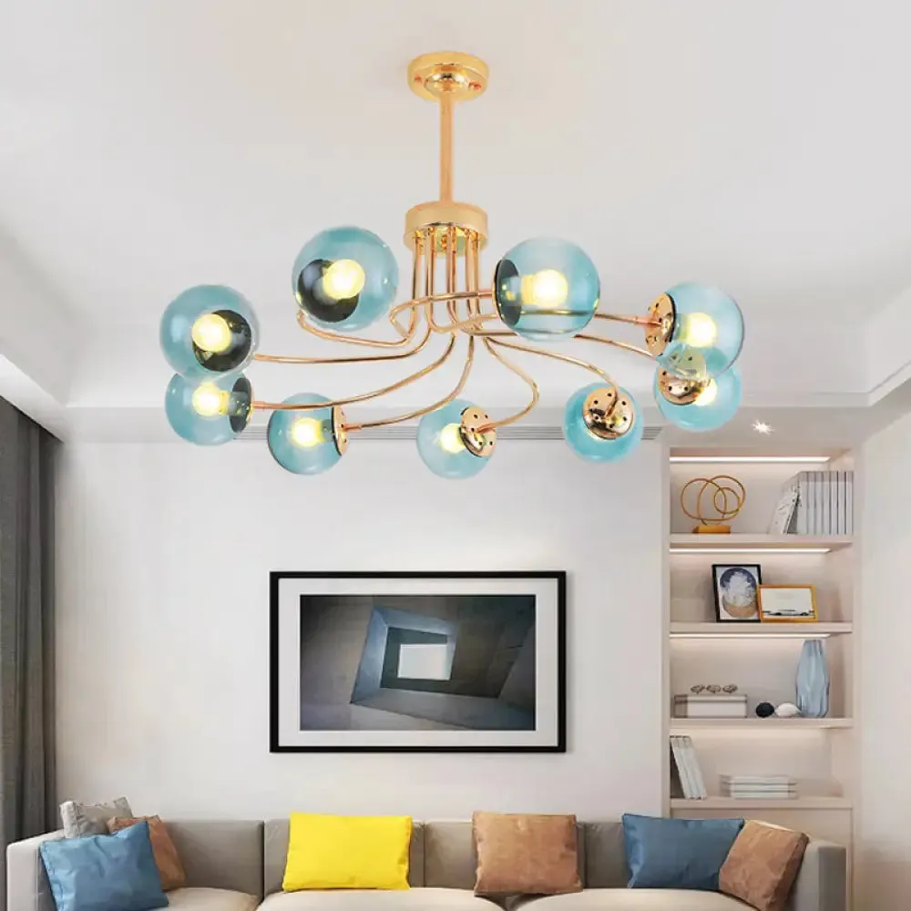 Modern Round Blue/Amber Glass Ceiling Chandelier - 9-Light Gold/Black Hanging Lamp Kit