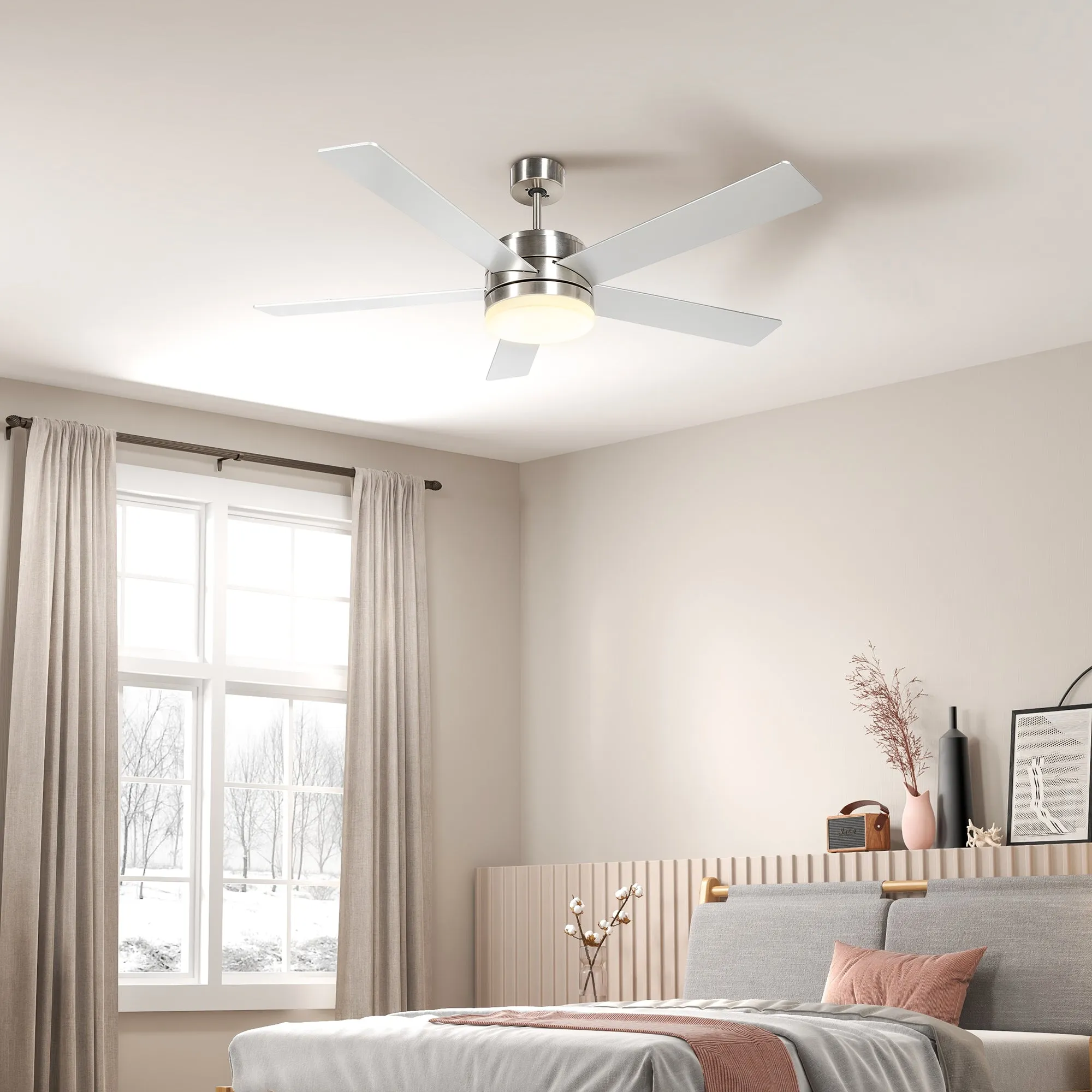 Mounting Reversible Ceiling Fan with Light, Remote, Silver & Natural