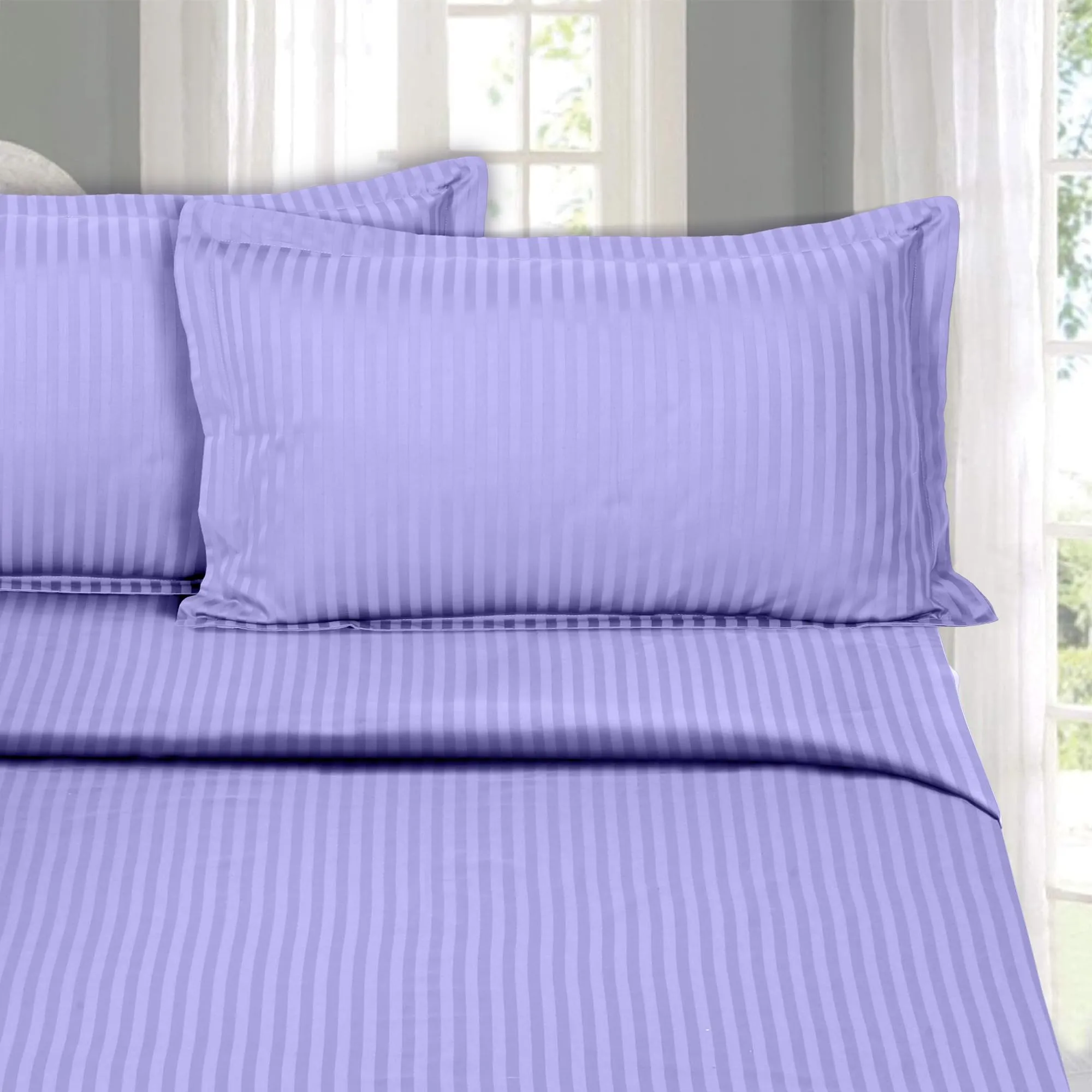 Naksh Elastic Fitted Bedsheets King Size 78 x 72 Inch, 210 TC Stripes Pure Cotton, Lavender | 1 King Size Bedsheet with Elastic Fitted and 2 Pillow Covers