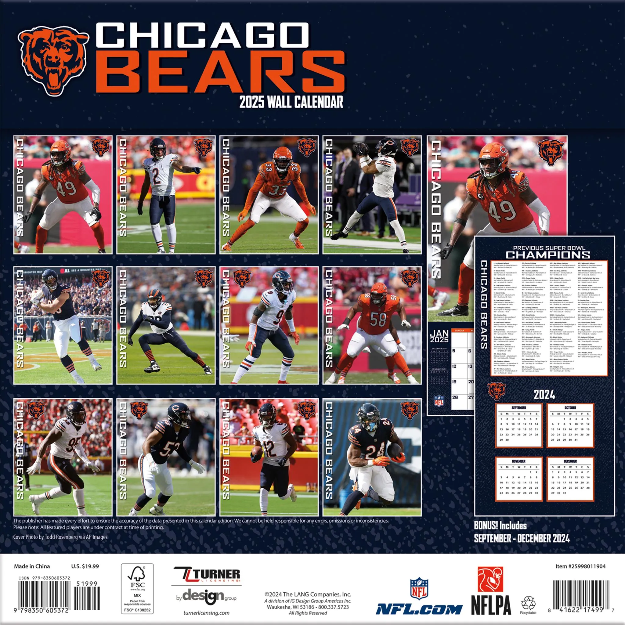 NFL Chicago Bears Wall 2025 Calendar - Online Exclusive