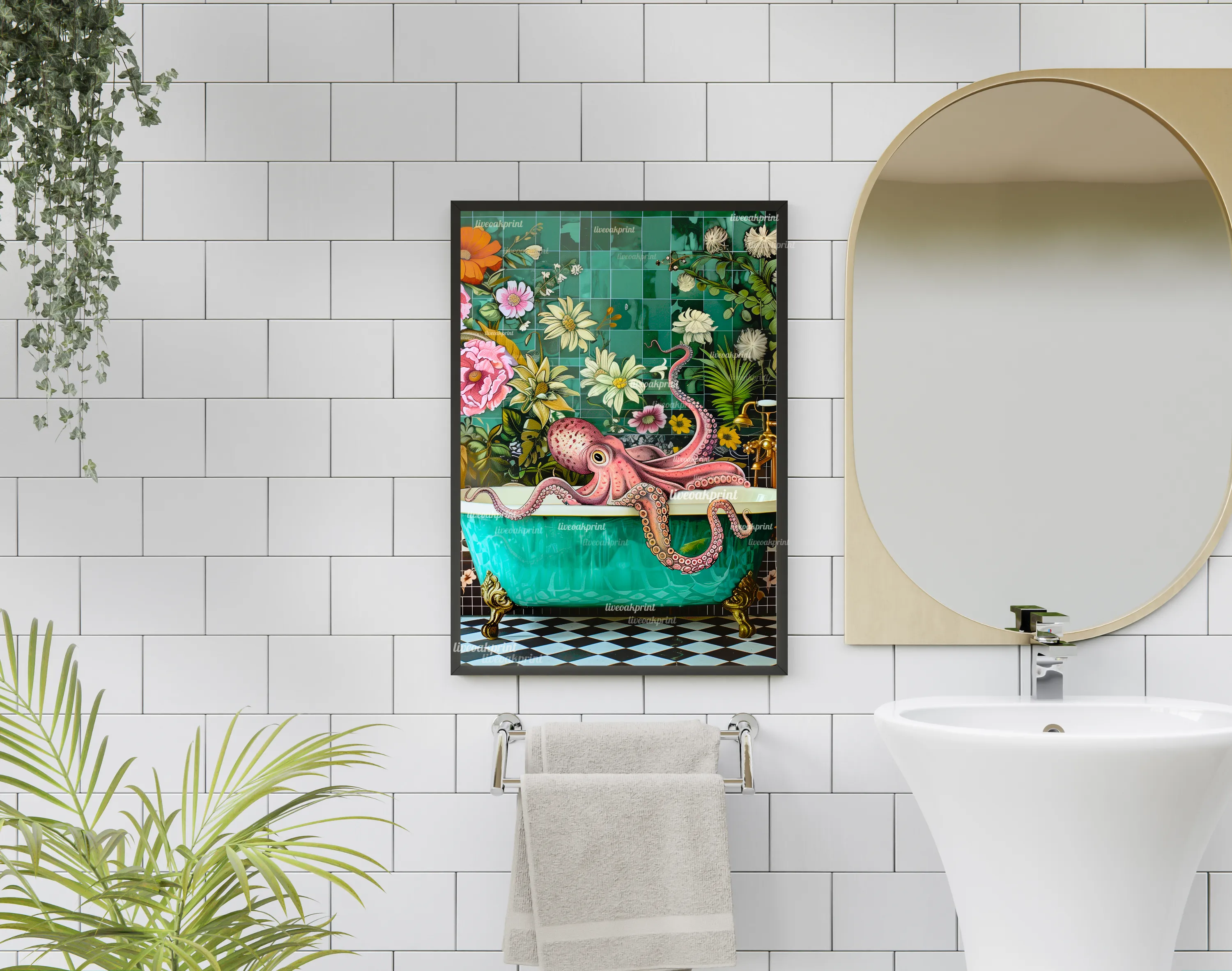 Octopus In A Bathtub In A Luxury Bathroom - Maximalist Bathroom Decor - Octopus Print - Octopus Wall Art - Eclectic Bathroom Decor