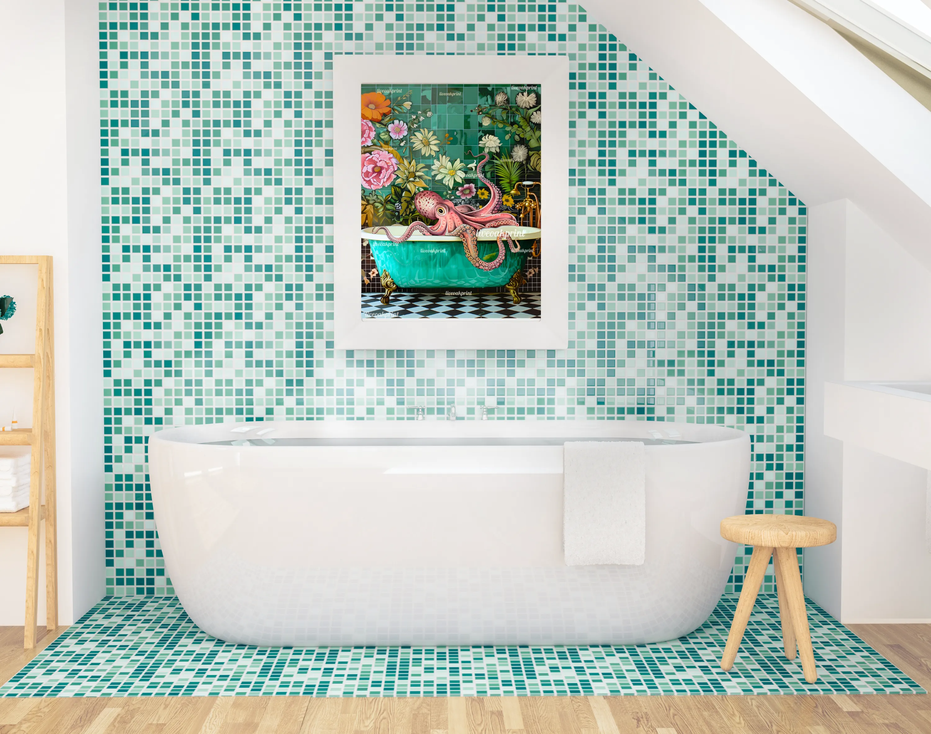 Octopus In A Bathtub In A Luxury Bathroom - Maximalist Bathroom Decor - Octopus Print - Octopus Wall Art - Eclectic Bathroom Decor