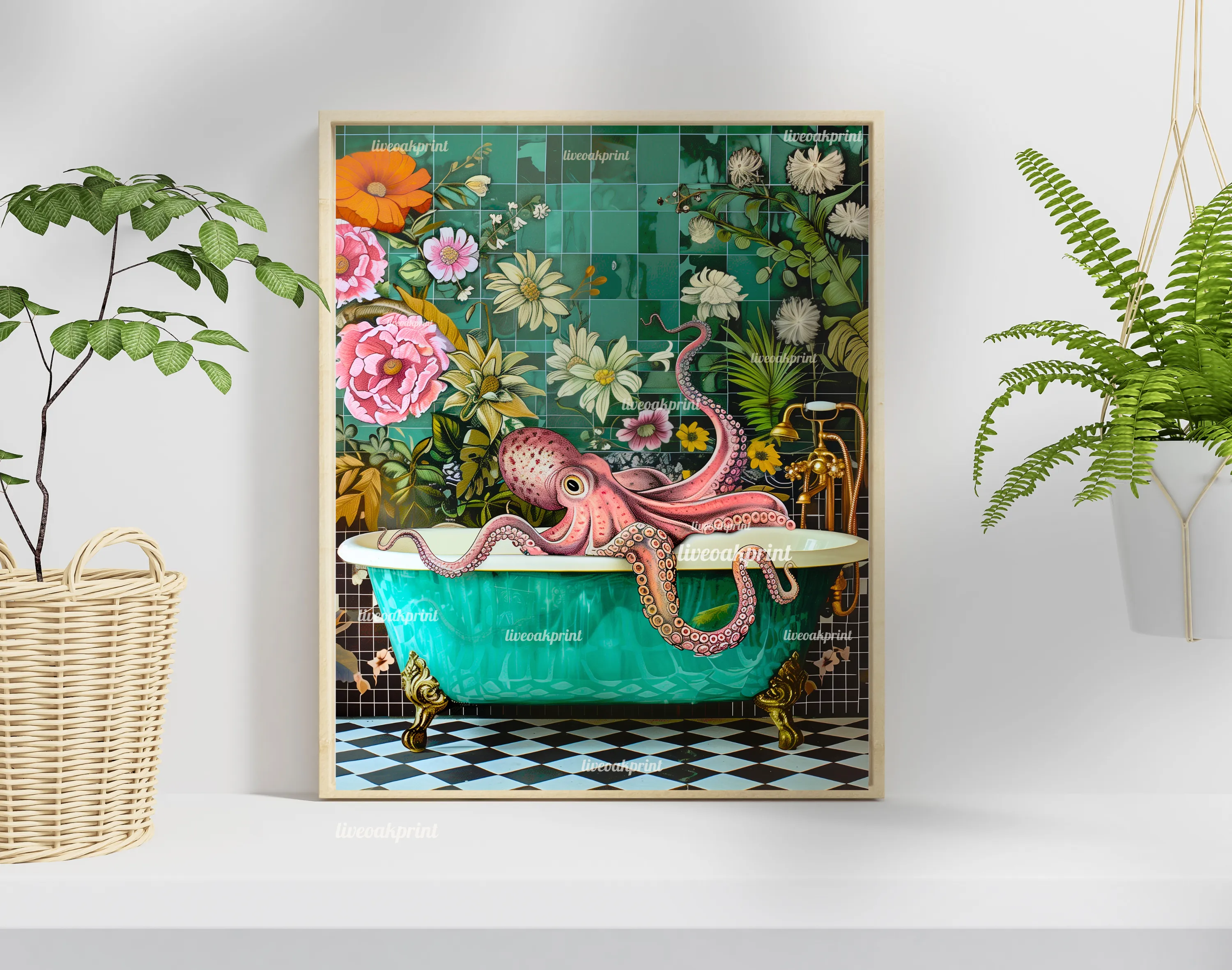 Octopus In A Bathtub In A Luxury Bathroom - Maximalist Bathroom Decor - Octopus Print - Octopus Wall Art - Eclectic Bathroom Decor