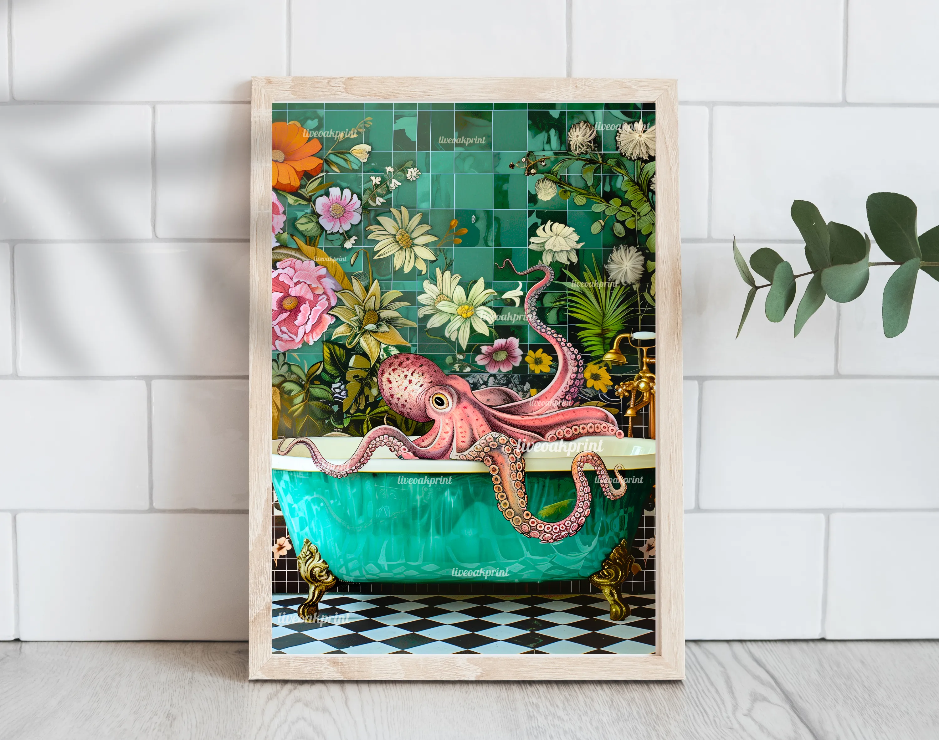 Octopus In A Bathtub In A Luxury Bathroom - Maximalist Bathroom Decor - Octopus Print - Octopus Wall Art - Eclectic Bathroom Decor