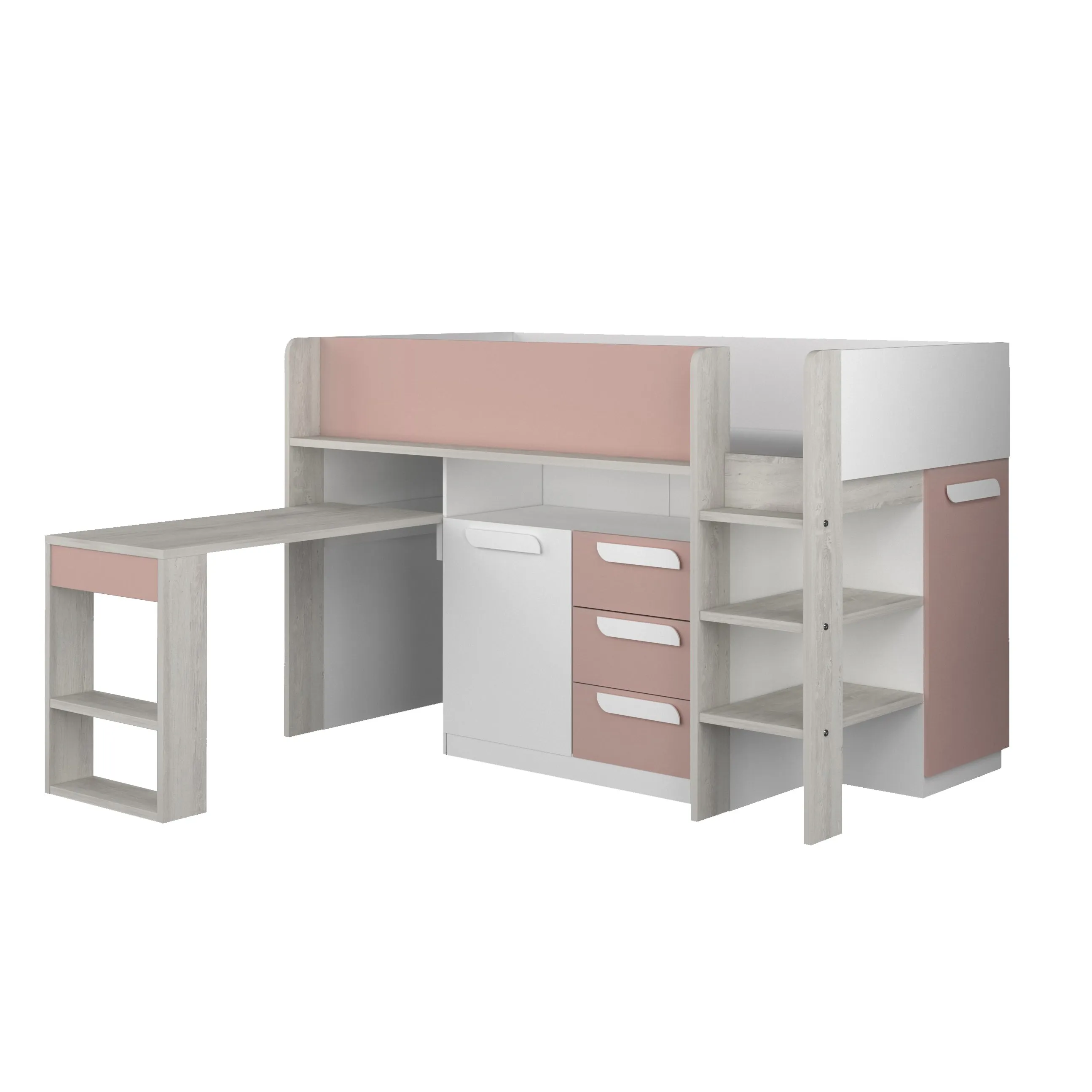 Pink Girona Midsleeper Bed, Trasman with Desk & Storage