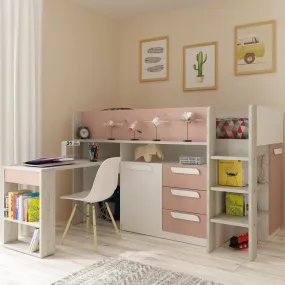 Pink Girona Midsleeper Bed, Trasman with Desk & Storage