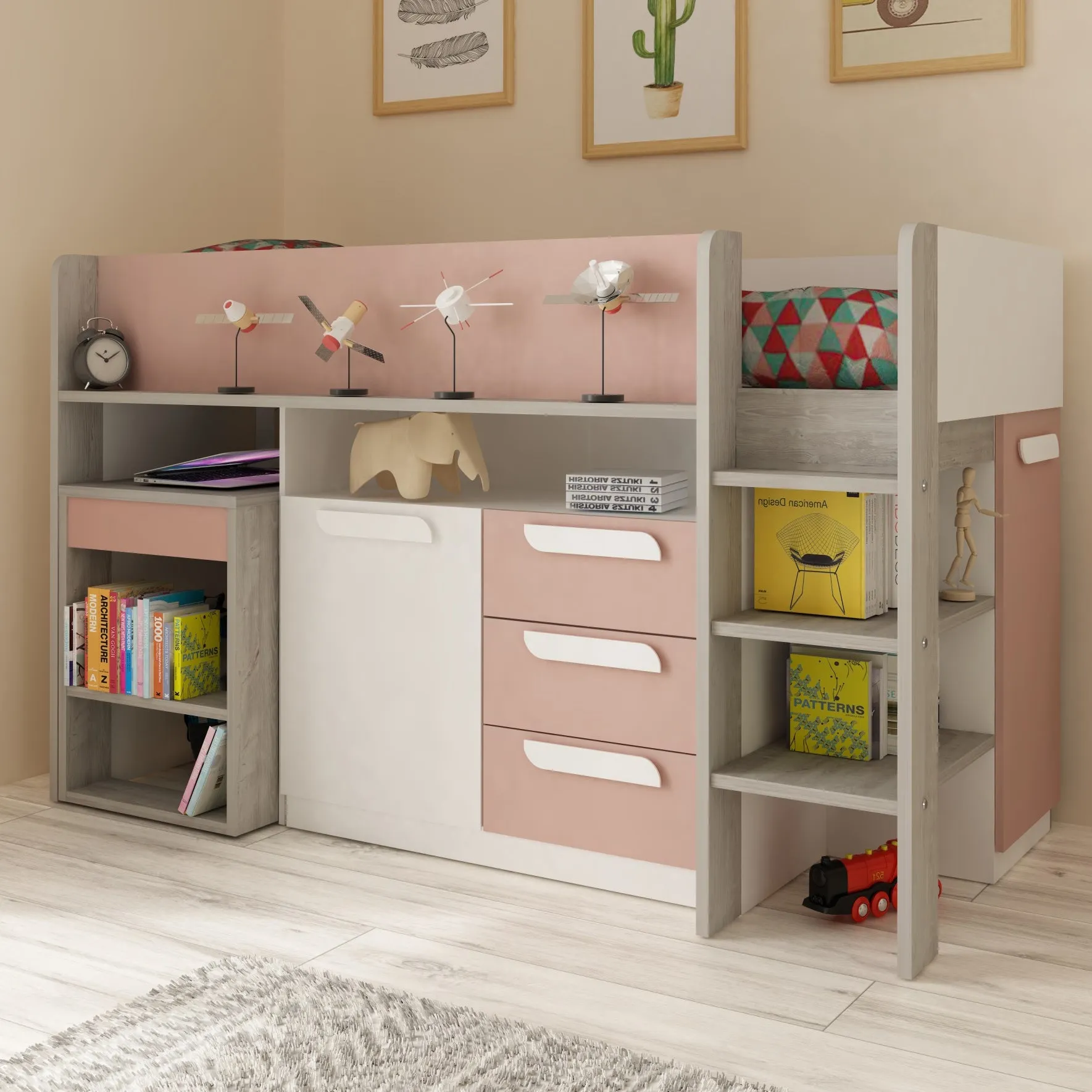 Pink Girona Midsleeper Bed, Trasman with Desk & Storage