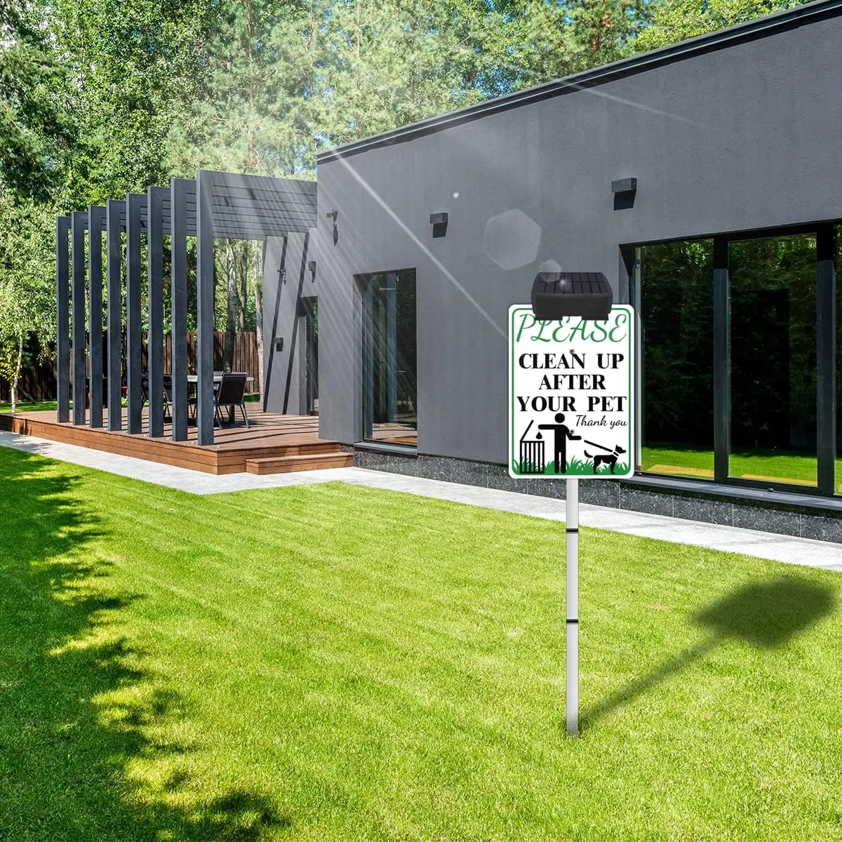 PLEASE CLEAN UP AFTER YOUR PET Sign with Solar Light for Home, Rechargeable LED Illuminated Aluminum Sign with Stake, Reflective Outside Security Sign Light Up For Houses