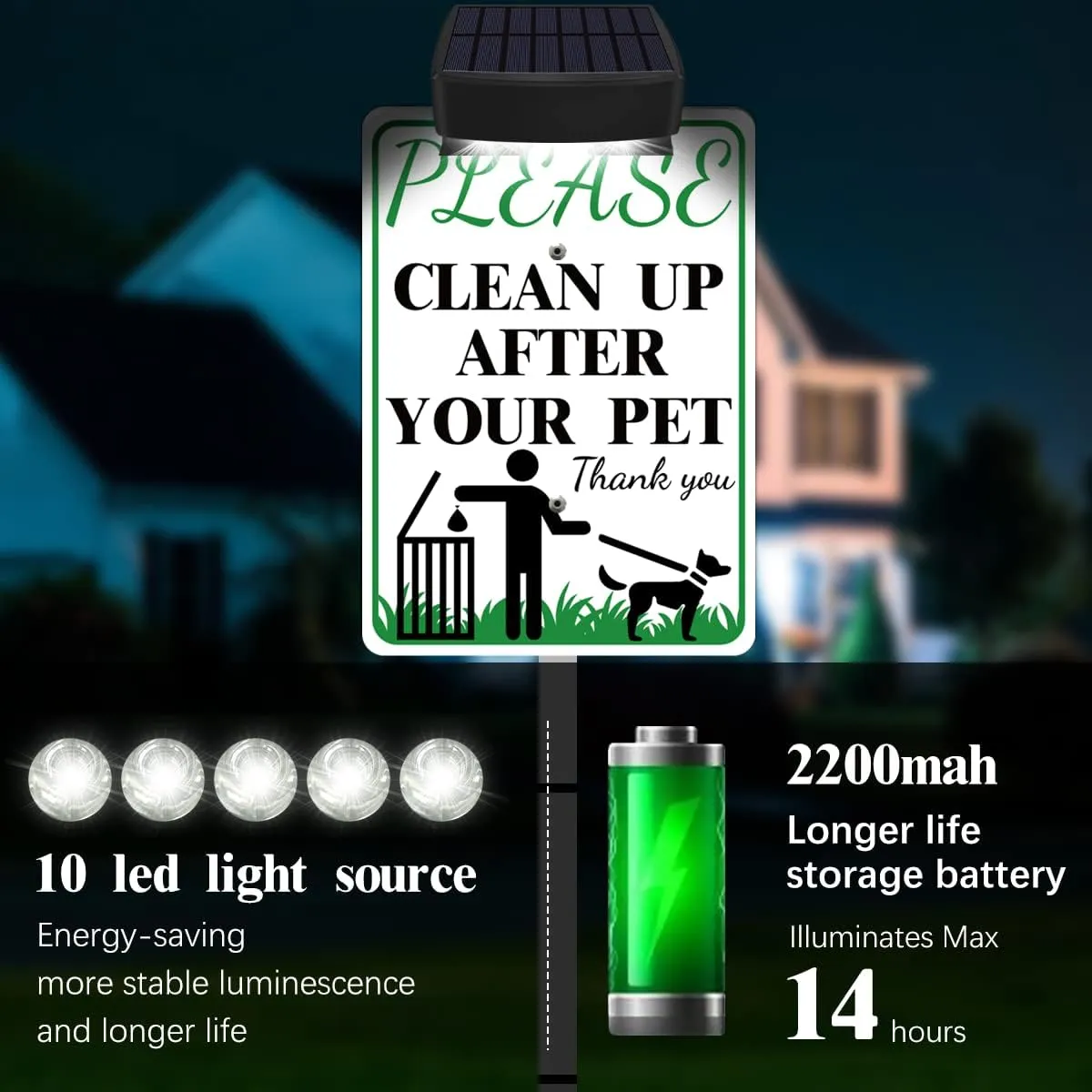 PLEASE CLEAN UP AFTER YOUR PET Sign with Solar Light for Home, Rechargeable LED Illuminated Aluminum Sign with Stake, Reflective Outside Security Sign Light Up For Houses