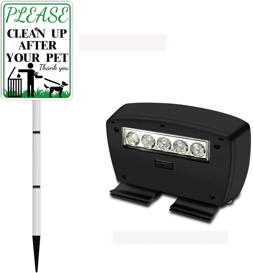 PLEASE CLEAN UP AFTER YOUR PET Sign with Solar Light for Home, Rechargeable LED Illuminated Aluminum Sign with Stake, Reflective Outside Security Sign Light Up For Houses