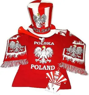 Poland Soccer Fan Accessory Set: Scarf, Hat, Trumpet, Mini Uniform & T-Shirt - Medium / Red