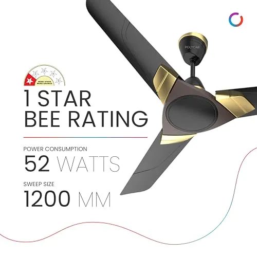 Polycab Aereo plus 1200 mm High Speed 1 Star Rated 52 Watt Ceiling Fan with Rust-Proof Aluminium Blades and 3 years warranty (Matt Black Choclate Gold)