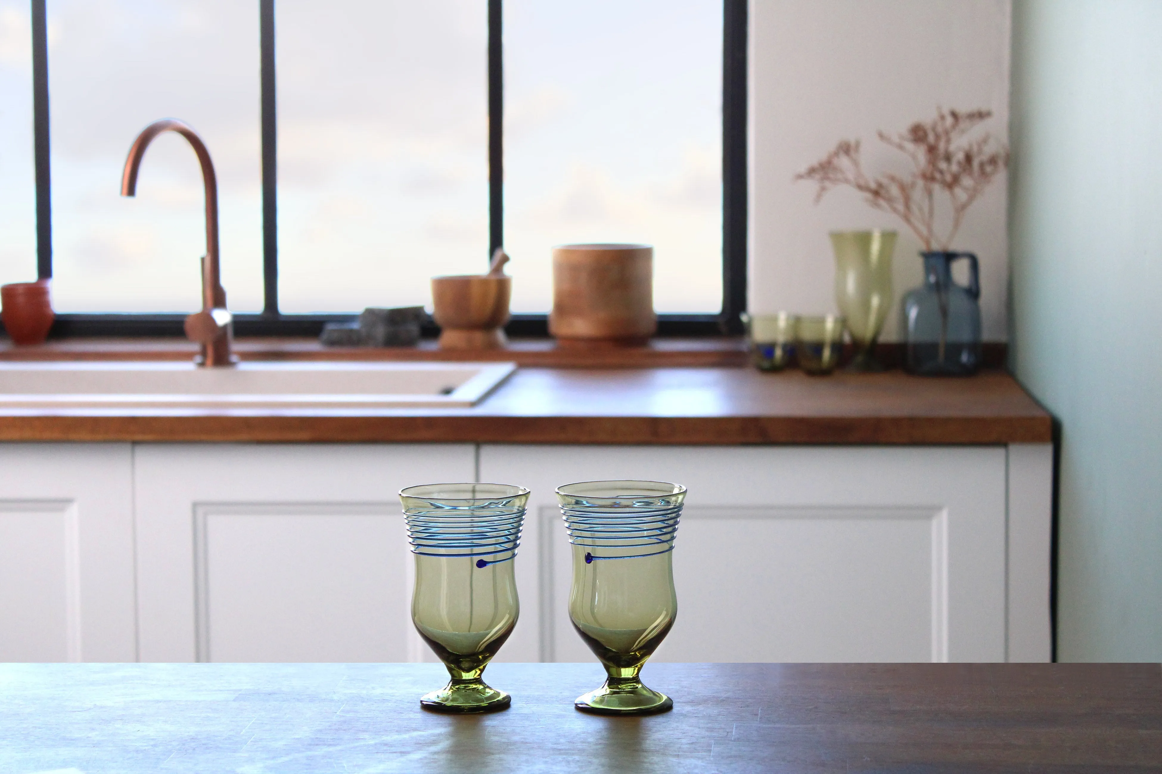 Roman Glass Goblet with Blue Stripes in Pair