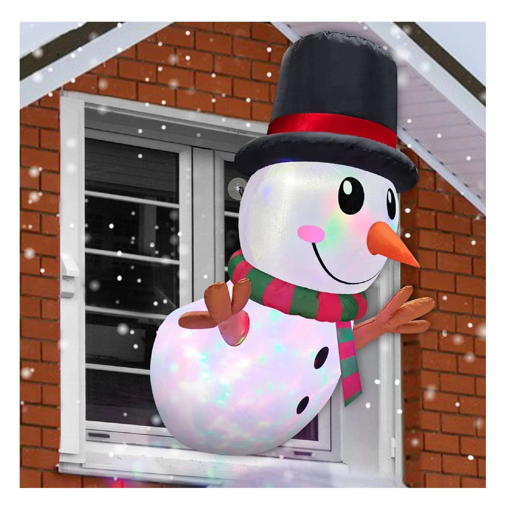 Rotating Colorful Magic Lights ] 4 Ft Christmas Inflatable Snowman Lean Out from Window Outdoor Christmas