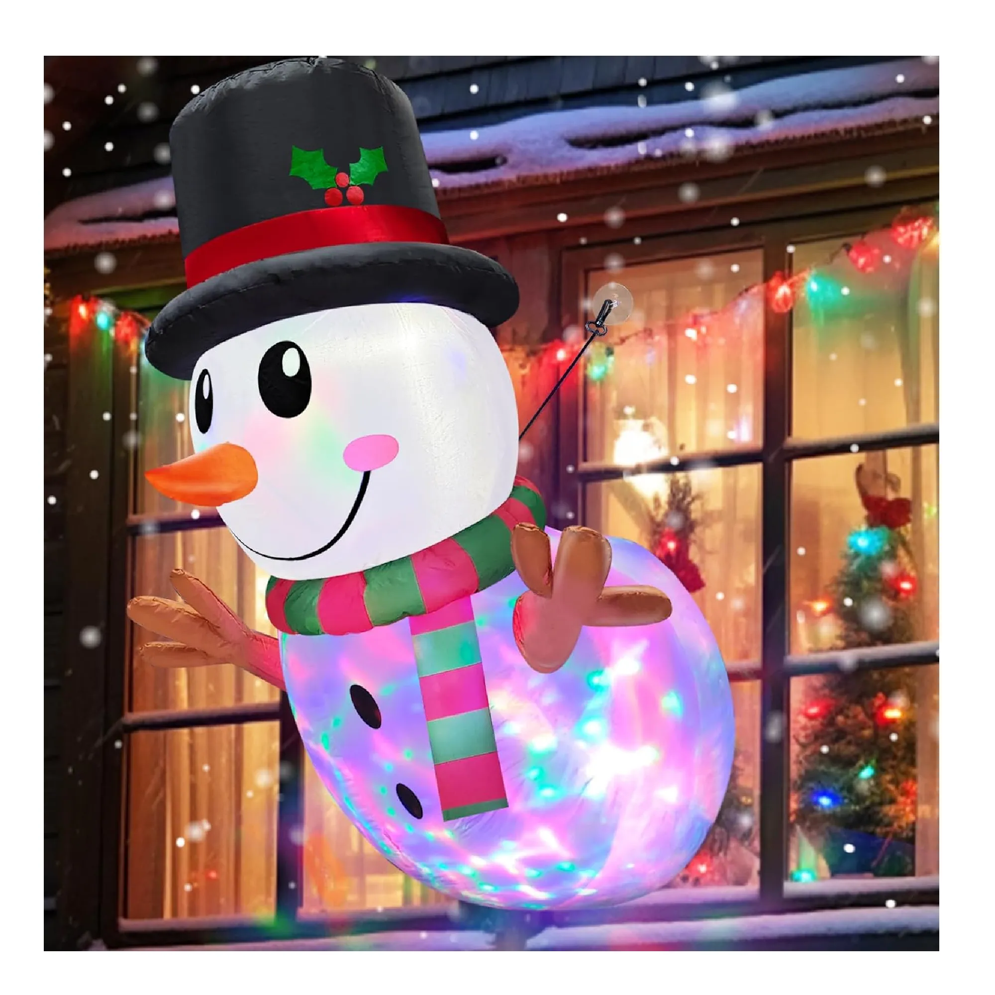 Rotating Colorful Magic Lights ] 4 Ft Christmas Inflatable Snowman Lean Out from Window Outdoor Christmas