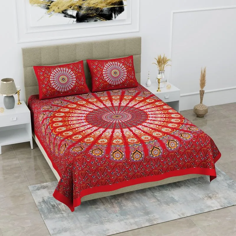 Scottons 100% Cotton Bedsheet with 2 Pillow Covers in 144 TC, Rajasthani Print, Soft Fabric, Queen Size Sheets for Double Bed (90 x 100 Inches), Rajasthani Mandala Design (Red)